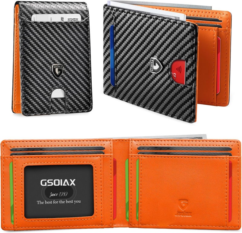 GSOIAX Slim Wallet for Men RFID Blocking Bifold Wallet Carbon Fiber Front Pocket Wallet with 11 Card Holder Minimalist Mens Wallet with Gift Box(Carbon Orange) - Image 1